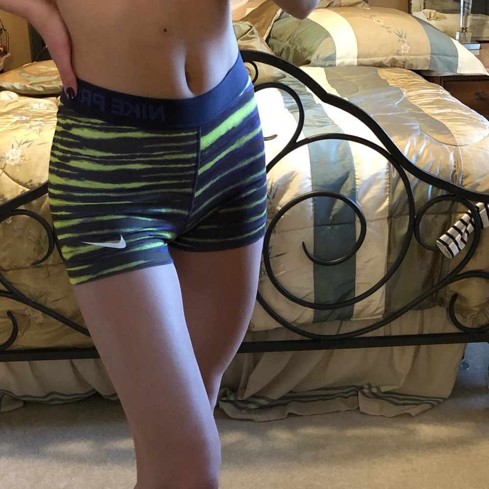 Purple and Yellow Striped Nike Pro Workout Shorts